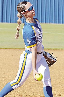 No. 5 Reagan Schoeppach pitches the ball during A-B’s game against Leedey. CDN | Sam Goodwyn