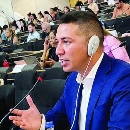 Travis Ruiz speaks to the United Nations about enhancing the participation of Indigenous peoples July 16 in Geneva, Switzerland. CDN | Courtesy photo