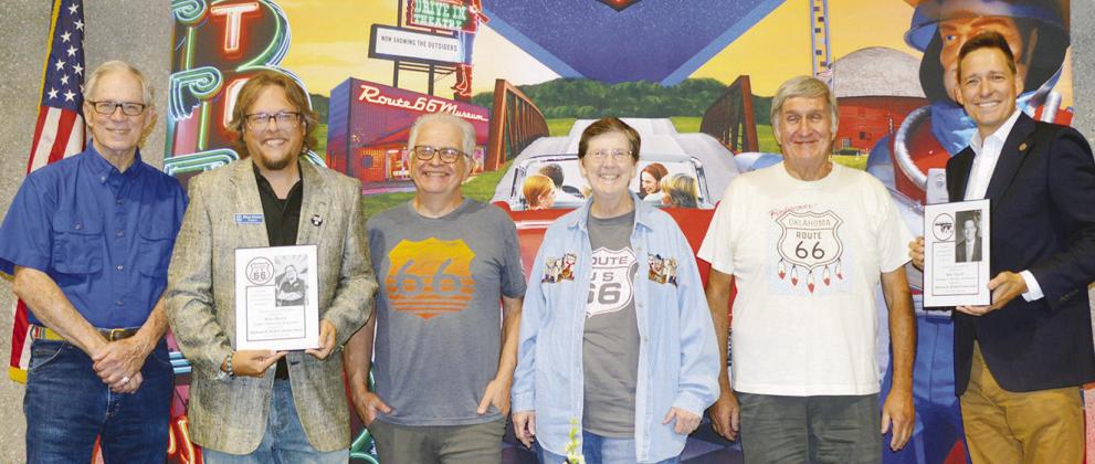 From left, Jim Ross, Rhys Martin, Jerry McClanahan, Kath Anderson, Don Mullenix, and Lt. Gov. Matt Pinnell are the living Route 66 Hall of Fame recipients that attended the inductee ceremony at the Frisco Center. CDN | Christian Jacobsen
