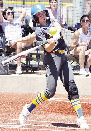 Arapaho-Buter’s No. 7 Jordan Lambeth smacks the ball into the Thursday in Elk City. outfield during the Lady Indians’ Class 3A Regional Tournament-clinching win over Hydro-Eakly Thursday in Elk City. CDN | Sam Goodwyn