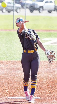 No. 5 Regan Schoeppach pitches the ball during A-B’s win over Merritt Thursday in the Class 3A Regional Tournament in Elk City. CDN | Sam Goodwyn