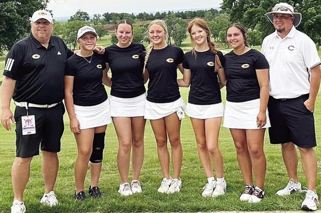 The Clinton Lady Reds golf team comes together following its performance in the recent Class 4A State Tournament at Dornick Hills Country Club. Pictured, from left, are Coach Brent Caldwell, Emma Ray, Paige Pugh, Jocelyn King, Bella Bridgeman, Tatum Fanshier and Coach Trevor Powers. CDN | Courtesy photo