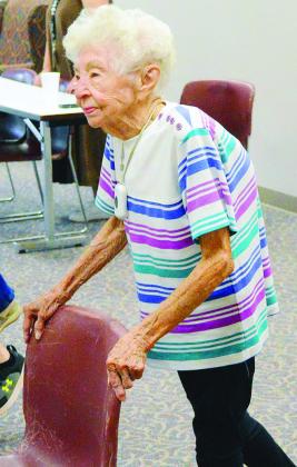 Betty Madison flexes her hip muscles during the low-impact exercise class Thursday at Clinton Regional Hospital. CDN | Christian Jacobsen