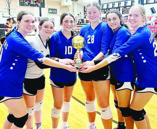 The Corn Bible Academy Lady Crusaders volleyball team was crowned the first winners of the Northwest Volleyball Conference Tournament, which was hosted by Oklahoma Bible Academy Saturday in Enid. Pictured, from left, are Cami Moran, Alayna Floyd, Claire L