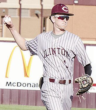 CDN | Sam Goodwyn No. 1 Jeter King throws the ball back to the pitcher after recording the out in Clinton’s win Friday over El Reno at home.