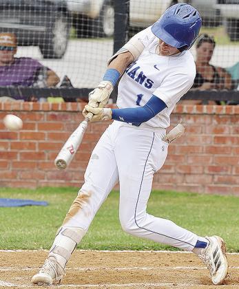 A-B’s Rylan Moore smacks the ball for a two-run home run Saturday during the Indians’ season-opening home win over Vici. CDN | Sam Goodwyn