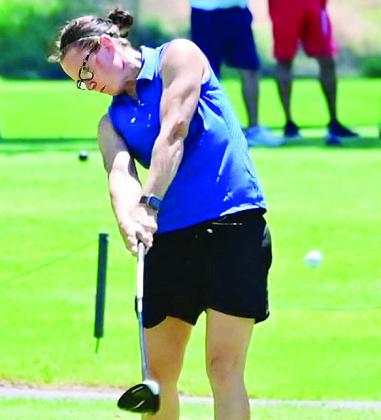 New Lady Reds golf coach Tasha Marshall hits a ball during a 2023 tournament in Elk City. CDN | Courtesy photo