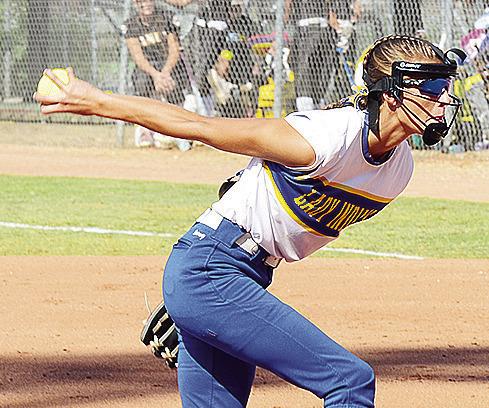 Arapaho-Butler’s Piper Sawatzky goes into her pitching motion during the Lady Indians’ first-round matchup against Shattuck in the Class A Fast Pitch State Tournament Thursday at Devon Park in Oklahoma City. CDN | Sam Goodwyn