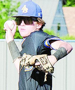 Grant Serfoss hurls the ball toward third for the out during A-B’s state tournament game against Wright City in Shawnee. CDN | Sam Goodwyn