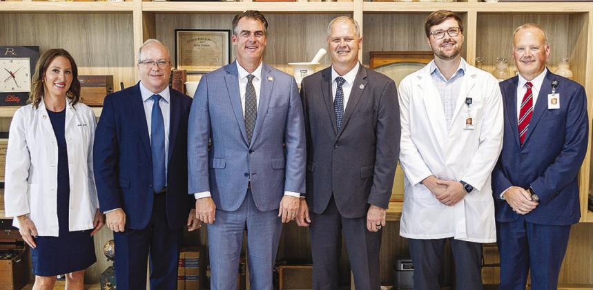 Pictured from left are, Dr. Kalie Kerth, SWOSU Rural Health Center director; Commissioner of Health Keith Reed; Governor Kevin Stitt; Dr. Joel Kendall, SWOSU president; Dr. Jacob Swords, Weatherford Regional Hospital surgeon; Darin Farrell, Weatherford Regional Hospital CEO. CDN | Courtesy photo