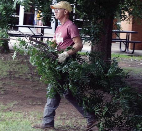 Mark Stapleton trims the tree branches for the future play area of the Tiny Tornado Daycare at the Washington Elementary building. CDN | Christian Jacobsen