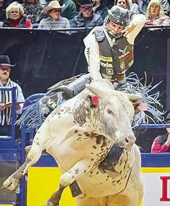 Arapaho’s own Wacey Schalla holds on for dear life as he performs during the bull riding portion of the recent PRCA Rodeo in Las Vegas, Nev. CDN | Courtesy photo