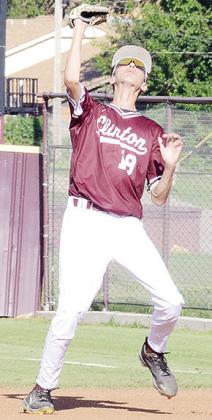 No. 19 Conner Meget catches the fly ball at first for the out during Clinton’s home game Friday against Weatherford. CDN | Sam Goodwyn