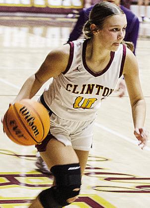 No. 10 Hadley Meget drives the ball down the court in Clinton’s game against Anadarko Tuesday. CDN | Sam Goodwyn