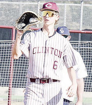 CDN | Sam Goodwyn No. 6 Conner Meget catches the ball at first base for the out during Clinton’s home win over El Reno.