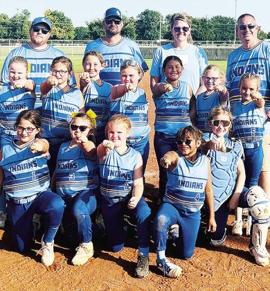 The Arapaho-Butler 8U softball team smiles as the players show off their rings from the Weatherford 8U Softball Tournament. The team finished as the fall end of season champs with a 9-1-1 record. Pictured, from left, kneeling are Ella Thomas, Paisley McAm