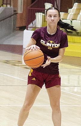 Clinton’s Rhylee Chagolia aims the basketball as she prepares to shoot it during basketball practice in the Tornado Dome. CDN | Sam Goodwyn