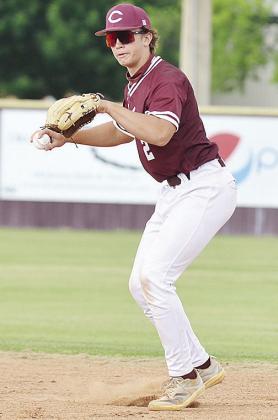 No. 2 Vince Jones hurls the ball toward first for the out during Clinton’s home game Thursday against Kingfisher. CDN | Sam Goodwyn