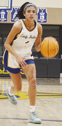 No. 1 Jada Akin drives the ball up the court during A-B’s home game against Fort Cobb. CDN | Sam Goodwyn