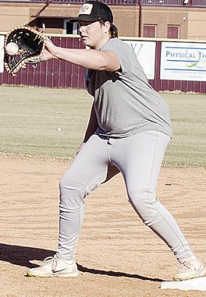 Dustin Hoffman catches the ball at first for the out during baseball practice. CDN | Sam Goodwyn