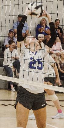 Corn Bible Academy’s Brylie Driskill sets the ball Thursday during the Lady Crusaders’ road game against Clinton. CDN | Sam Goodwyn