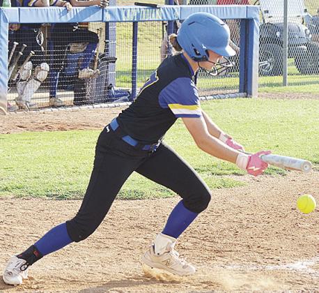 A-B’s Dalaynie Lee bunts during the Lady Indians’ season-opening win at home over Merritt Monday. CDN | Sam Goodwyn