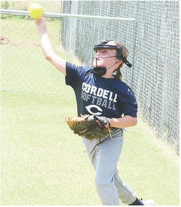 Cordell’s Kwyn Trent hurls the ball in to get the out during the Lady Blue Devils’ game against the Davis Heat Thursday in the OK Kids 8U State Softball Tournament at Schumacher Fields at Acme Brick Park. CDN | Sam Goodwyn