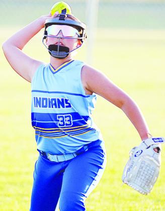 Arapaho-Butler’s Evelyn Castorena throws the ball in during AB’s win over Lindsay in the OK Kids 8U Softball State Tournament Wednesday night at Schumacher Fields at Acme Brick Park. CDN | Sam Goodwyn