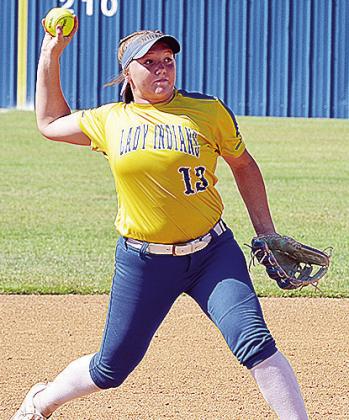Arapaho-Butler’s Lauryn McHenry aims to throw the ball during the Lady Indians’ home win over Okarche Thursday to open the regional touranment. CDN | Sam Goodwyn