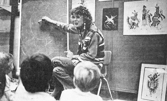 40 YEARS AGO Native American stories, complete with illustrations, were presented to students at Nance Elementary School by school librarian Kathy Wickline, shown here in the process of drawing an owl for the students. The program was part of Native Ameri