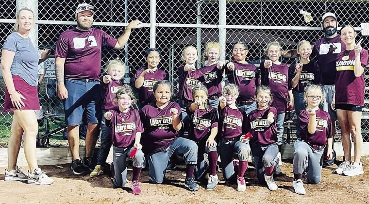Clinton’s 8U Lady Reds softball team is all smiles after winning the I-40 West Pre-Season Tournament. Pictured, from left, in front, are Delilah LaRue, Ryann Tapaha, Journee Parsons, Brekyn Mach, Blakelee Vinson and Maddie Miller; back, Coaches Brooke P