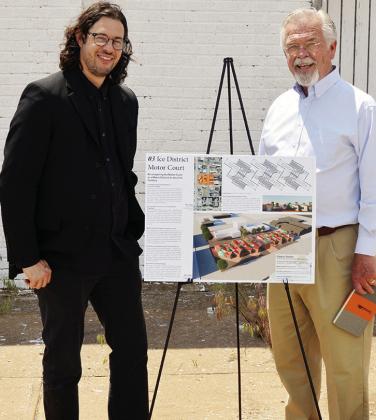 West OK Co-Op’s Andrew Stone, left, and Mayor David Berrong stand in the Ice District to explain ideas to possibly improve downtown Clinton. CDN | Michael Maresh
