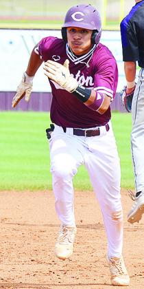No. 5 Jesus Gutierrez sprints toward third base during Clinton’s game Wednesday against Bethany. CDN | Sam Goodwyn