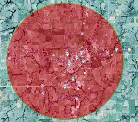 This map displays the coverage area of the tornado sirens in red, which are designed to monitor and detect possible storm cells forming within five miles of city limits. The green icons on the map indicate locations of the tornado sirens being upgraded. CDN | Courtesy photo