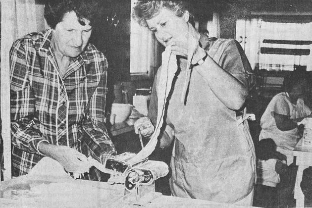 40 YEARS AGO Friendly Neighbors Home Extension Club members Jewell LaVigne, left, and Joan Reinhard used teamwork to slice egg noodles on a pasta making machine as the club prepared the noodles to sell at the Custer County Extension Homemakers Art Festiva