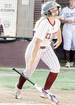 Clinton’s Laney Anderson hustles to first as she throws the bat down during her at bat Tuesday against Altus. CDN | Sam Goodwyn