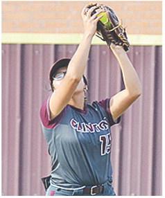 No. 15 Audrina Trout secures the ball in her glove for the out during Clinton’s home game Monday against El Reno. CDN | Sam Goodwyn