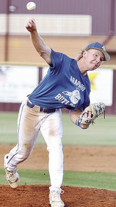 Arapaho-Butler’s Jiles Southall pitches during the Indians’ road game against Clinton. CDN | Sam Goodwyn