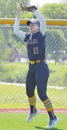 A-B’s Peyton Lambeth leaps to catch the fly ball and record the out during the Lady Indians’ softball game against Merritt to open the regional tournament CDN | Sam Goodwyn