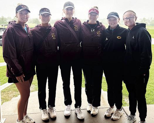 Clinton’s Lady Reds golf team is all smiles after finishing the Class 4A State Tournament in Shawnee this week. Pictured, from left, are Grace Meacham, Addison Newcomb, Addyson Littke, Paige Pugh, Rylee Cummins and Coach Tasha Marshall. CDN | Courtesy P