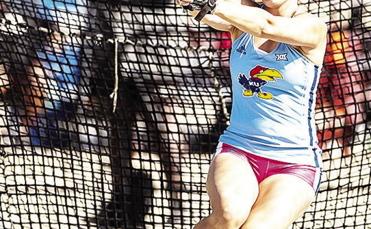 Former Clinton track and field star Kat Meacham performs in the hammer throw event last year for the Kansas Jayhawks. CDN | Courtesy photo