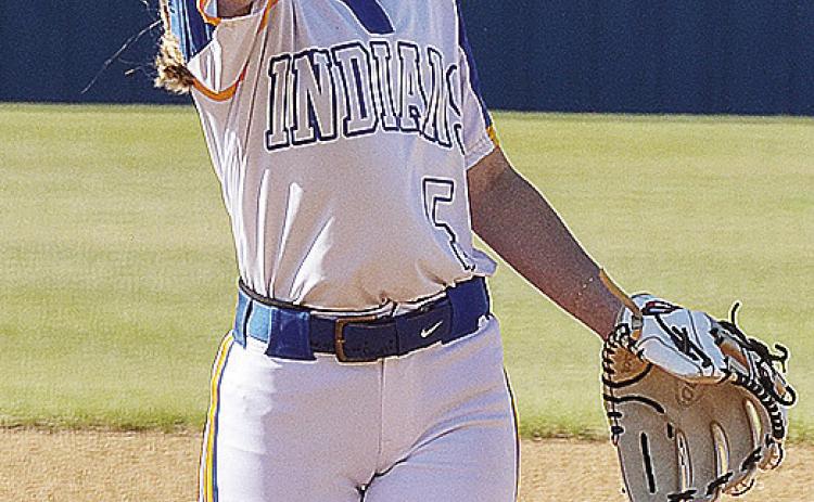 A-B’s Reagan Schoeppach pitches during the Lady Indians’ district playoff game against Leedey last spring. CDN | Sam Goodwyn
