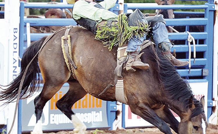 Pauls Valley’s Austin Stratman holds on in the bareback riding event of the rodeo Saturday in the Clinton Round-up Club Arena. CDN | Sam Goodwyn