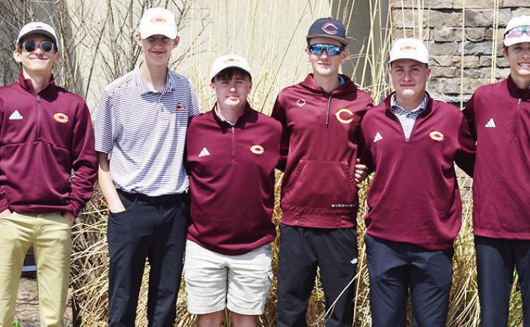 Clinton’s boys’ golf team is all smiles after completing the conference tournament at Prairie West Golf Course in Weatherford. Pictured from left are Sy Foster, Snider Dowdell, Landyn Kunsman, Rayden Walker, Jeter King, Caber Johnson, Conner Meget and