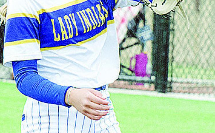 Arapaho-Butler’s Reagan Schoeppach catches the ball during the Lady Indians’ win over Caddo in the Class 3A Slow-Pitch State Championship in Shawnee. CDN | Sam Goodwyn