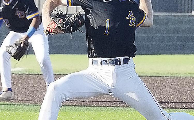 A-B’s No. 1 Rylan Moore pitches during the Indians’ Class A State Baseball game against the Navajo Indians Thursday in Shawnee. CDN | Sam Goodwyn