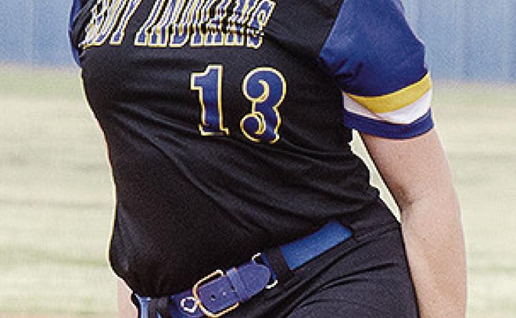 No. 13 Lauryn McHenry goes into her pitch during A-B’s win Friday over Ninnekah in the district tournament. CDN | Sam Goodwyn