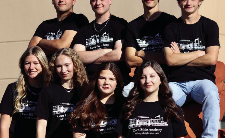 Corn Bible Academy candidates for Thursday’s homecoming include front, from left, Audrey Stewart, Brylie Driskill, Amanda Jeffries, Annelise Bull; back, Vince DuBois, Jaxson Slagell, Sammy Griesel, and Rylin Zeller. CDN | Courtesy photo