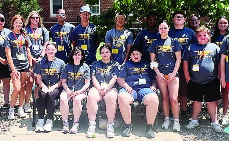 The Special Olympics team for Clinton came together for a team photo during the Summer Special Olympics State Games in Stillwater. Pictured in front, from left, are Bella Bridgeman, Lily Adkinson, Jade Hall, Olivia Campbell, Winter Lee, Tatum Shackelford, SJ Adkinson and Sophia Williams; back, Coaches Amanda Campbell and Lisa Ray, Rhylee Rodebush, Malique Guy, Scout Acosta, Sutton Hernandez, Bryson Miles, Kenneth Williams, Coach Julie Adkinson, Sawyer Acosta and Coach Sumner Hernandez. CDN |Courtesy Photo