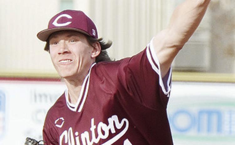 Clinton’s Ayden Crumley pitches the ball during the Reds’ home double header against Leedey this year. CDN | Sam Goodwyn